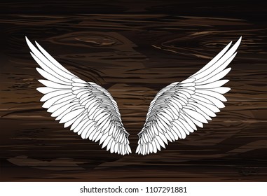 Wings. Vector illustration on wooden background. Black and white style.