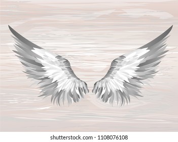 Wings. Vector illustration on wooden background. Black and white style.