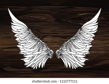 Wings. Vector illustration on wooden background. Black and white style.