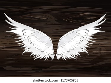 Wings. Vector illustration on wooden background. Black and white style.