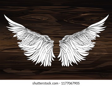 Wings. Vector illustration on wooden background. Black and white style.