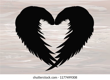 Wings. Vector illustration on wooden background. Black and white style.