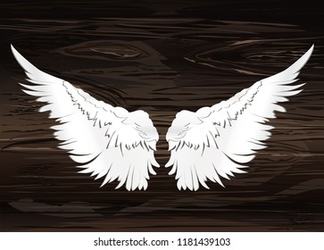 Wings. Vector illustration on wooden background. Black and white style.