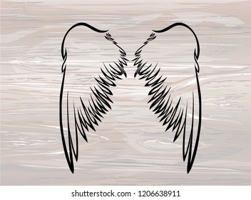 Wings. Vector illustration on wooden background. Black and white style. Linocut.