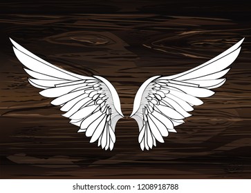Wings. Vector illustration on wooden background. Black and white style.
