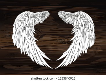 Wings. Vector illustration on wooden background. Black and white style.