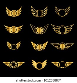 Wings vector logo set. Luxury monograms. Retro vintage badge icons of wing for tattoo, print, web. Airplane emblem