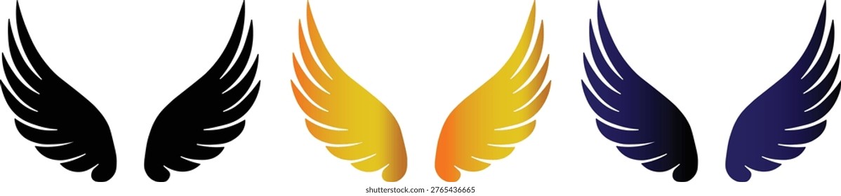 Wings Vector Set: Elegant Angel and Bird Wing Illustrations in Black, Gold, and Navy Blue