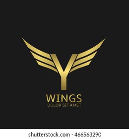 Wings Y letter logo. Golden creative alphabet, air emblem