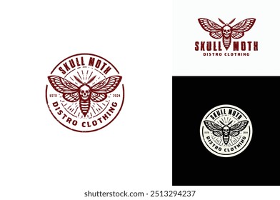 A wingspan of Moth with Human Skull Image on its Back Neck. Rustic Vintage Label Logo design