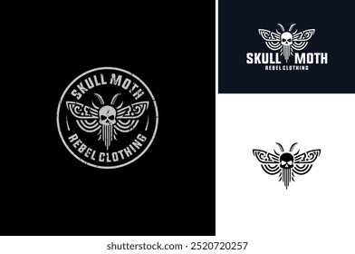 A wingspan of Moth with Human Skull Image on its Back Neck. Rustic Vintage Label Logo design