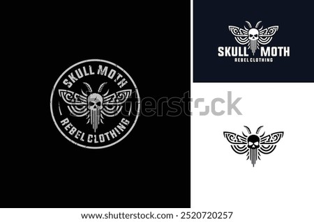 A wingspan of Moth with Human Skull Image on its Back Neck. Rustic Vintage Label Logo design