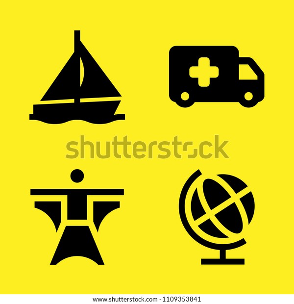 wingsuit, earth globe,
sailboat and ambulance vector icon set. Sample icons set for web
and graphic design
