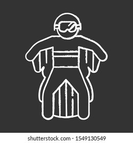 Wingsuit flying chalk icon. Skydiver jumping with wing suit. Skydiving. Air extreme sport. Flight in sky, adrenaline recreation. Parachutist flying. Isolated vector chalkboard illustration