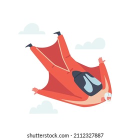 Wingsuit Flying Extreme Sport Activity, Xtreme Adventure, Sky Diving, Base Jumping And Parachuting Recreation. Character Wear Wing Suit Fly In Sky. Cartoon People Vector Illustration