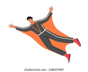 Wingsuit Flying Extreme Sport Activity, Paragliding Xtreme Adventure, Sky Diving, Base Jumping and Parachuting Recreation. Character Wear Wing Suit Fly in Sky. Cartoon People Vector Illustration