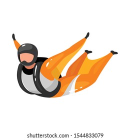 Wingsuit flying flat vector illustration. Freefalling, skydiving experience. Extreme sports. Active lifestyle. Outdoor activities. Skydiver isolated cartoon character on white background