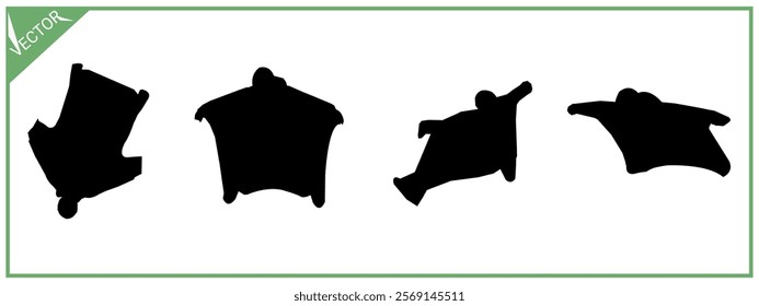 Wingsuit flying silhouette set. Isolated white background. Extreme sports. Vector illustration.