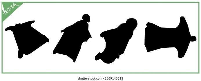 Wingsuit flying silhouette set. Isolated white background. Extreme sports. Vector illustration.