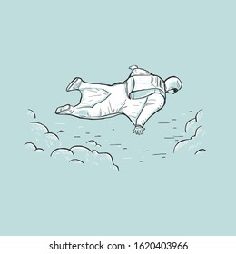 Wingsuit flying sketch vector illustration on blue background. Extreme air sport. Hand drawn design for t-shirt print, cover, poster and banner