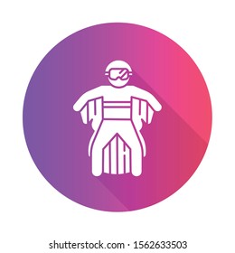 Wingsuit flying violet flat design long shadow glyph icon. Skydiver jumping with wing suit. Skydiving. Flight in sky, adrenaline recreation. Parachutist flying. Vector silhouette illustration