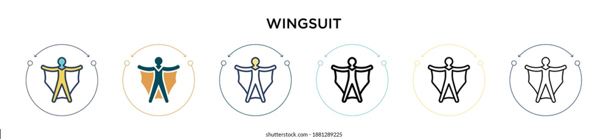 Wingsuit icon in filled, thin line, outline and stroke style. Vector illustration of two colored and black wingsuit vector icons designs can be used for mobile, ui, web