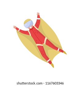 Wingsuit jumper in flight. Active recreation. Extreme sport. Young happy guy in protective goggles. Flat vector design