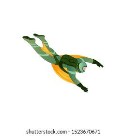 Wingsuit man flying through the air vector illustration in a flat cartoon style.