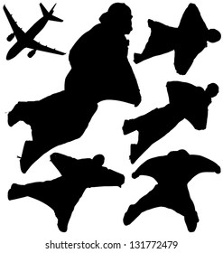 Wingsuit skydivers and plane vector silhouettes. Layered and fully editable