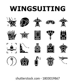 Wingsuiting Sport Collection Icons Set Vector. Wingsuiting Suit And Protection Helmet, Glasses And Gloves, Parachute And Hook Extreme Flying Tool Glyph Pictograms Black Illustrations