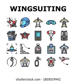 Wingsuiting Sport Collection Icons Set Vector. Wingsuiting Suit And Protection Helmet, Glasses And Gloves, Parachute And Hook Extreme Flying Tool Color Contour Illustrations