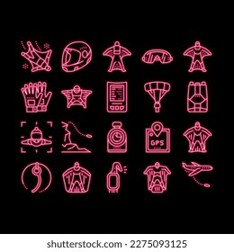 Wingsuiting Sport neon light sign vector. Wingsuiting Suit And Protection Helmet, Glasses And Gloves, Parachute And Hook Extreme Flying Tool Illustrations