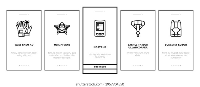 Wingsuiting Sport Onboarding Mobile App Page Screen Vector. Wingsuiting Suit And Protection Helmet, Glasses And Gloves, Parachute And Hook Extreme Flying Tool Illustrations