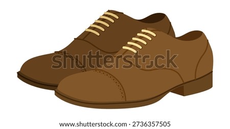 Wingtip mens brown flat brogue pair. Perforated leather footwear with classic wingtip detail smart dress style. Technical illustration CAD mockup sketch vector women unisex outline isolated.