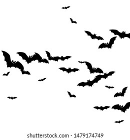 Wingy black bats flock isolated on white vector Halloween background. Rearmouse night creatures illustration. Silhouettes of flying bats traditional Halloween symbols on white.