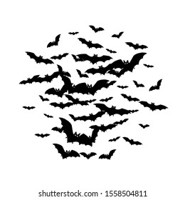 Wingy black bats flock isolated on white vector Halloween background. Rearmouse night creatures illustration. Silhouettes of flying bats traditional Halloween symbols on white.