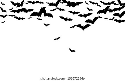 Wingy black bats flock isolated on white vector Halloween background. Flying fox night creatures illustration. Silhouettes of flying bats vampire Halloween symbols on white.