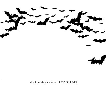 Wingy black bats group isolated on white vector Halloween background. Flying fox night creatures illustration. Silhouettes of flying bats vampire Halloween symbols on white.