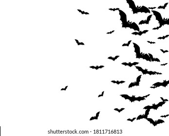 Wingy black bats group isolated on white vector Halloween background. Rearmouse night creatures illustration. Silhouettes of flying bats traditional Halloween symbols on white.