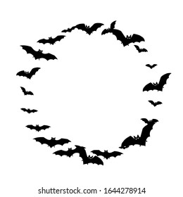 Wingy black bats swarm isolated on white vector Halloween background. Rearmouse night creatures illustration. Silhouettes of flying bats vampire Halloween symbols on white.