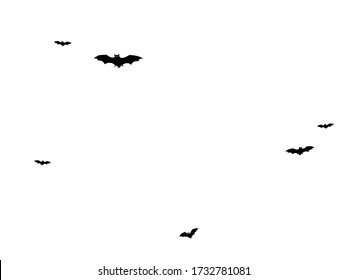 Wingy black bats swarm isolated on white vector Halloween background. Flying fox night creatures illustration. Silhouettes of flying bats vampire Halloween symbols on white.