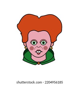 Winifred Sanderson Hocus Pocus Evil Wicked Witch Pop Culture Icon Comedy Horror Red Hair Green Cloak Headshot Cute Flat Cartoon Vector Art. Halloween Traditional Trick Or Treat Celebration Party.  