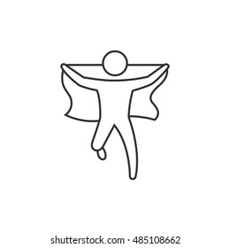 Wining sprinter icon in thin outline style. Runner holding nation flag proud celebration