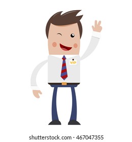 Wink Businessman with VIP badge with raised hand and a sign of victory. Flat style. Concept 
of a successful business. Stock vector illustration