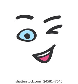 Wink of cute face in doodle style, happy smile and joke of character vector illustration