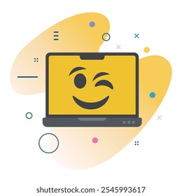 Wink Expressão facial encantada na tela do laptop - Design de ilustração de tecnologia para mídia digital | design de ícone Wink deliciado notebook Emoji