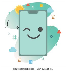 Wink Emoji on a Smartphone Screen: Modern Illustration Design with a Creative Touch of Colorful Geometric Elements | Wink Emoji Icon Design on Smartphone Screen