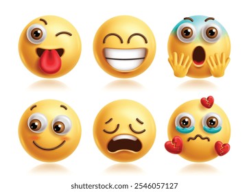 Wink emoji vector characters set. Winking emojis clip art characters with happy, silly, blush, depressed and broken heart facial expression icon collection. Vector illustration wink graphic elements. 