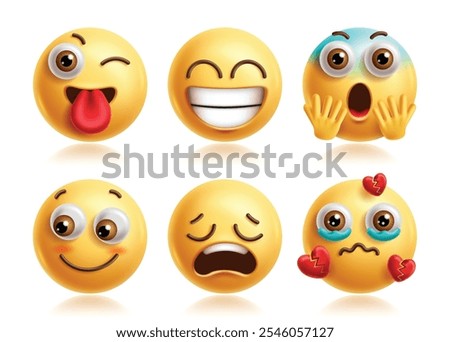 Wink emoji vector characters set. Winking emojis clip art characters with happy, silly, blush, depressed and broken heart facial expression icon collection. Vector illustration wink graphic elements. 