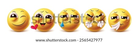 Wink emoji vector characters set. Clipart emojis in winking, in love, sad, angry and sneezing yellow icon faces in white background. Vector illustration blink emoji clip art collection set.
